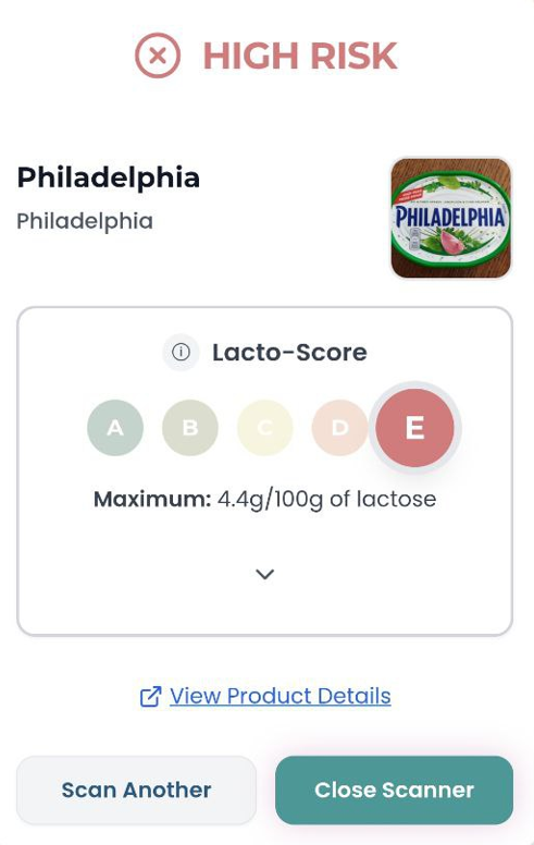 Lactose.help scanner showing Philadelphia with E rating (High Risk)