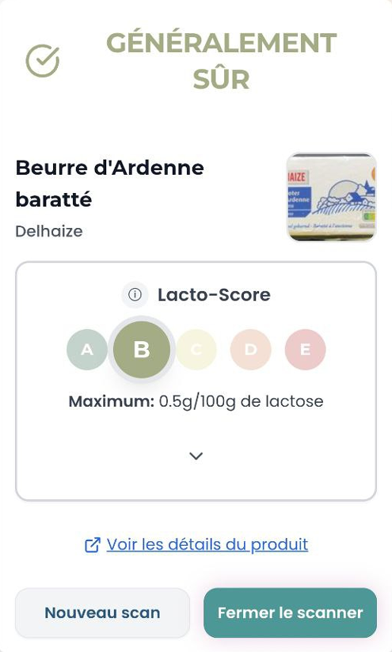 Scanner Lactose.help montrant Beurre d'Ardenne avec notation B