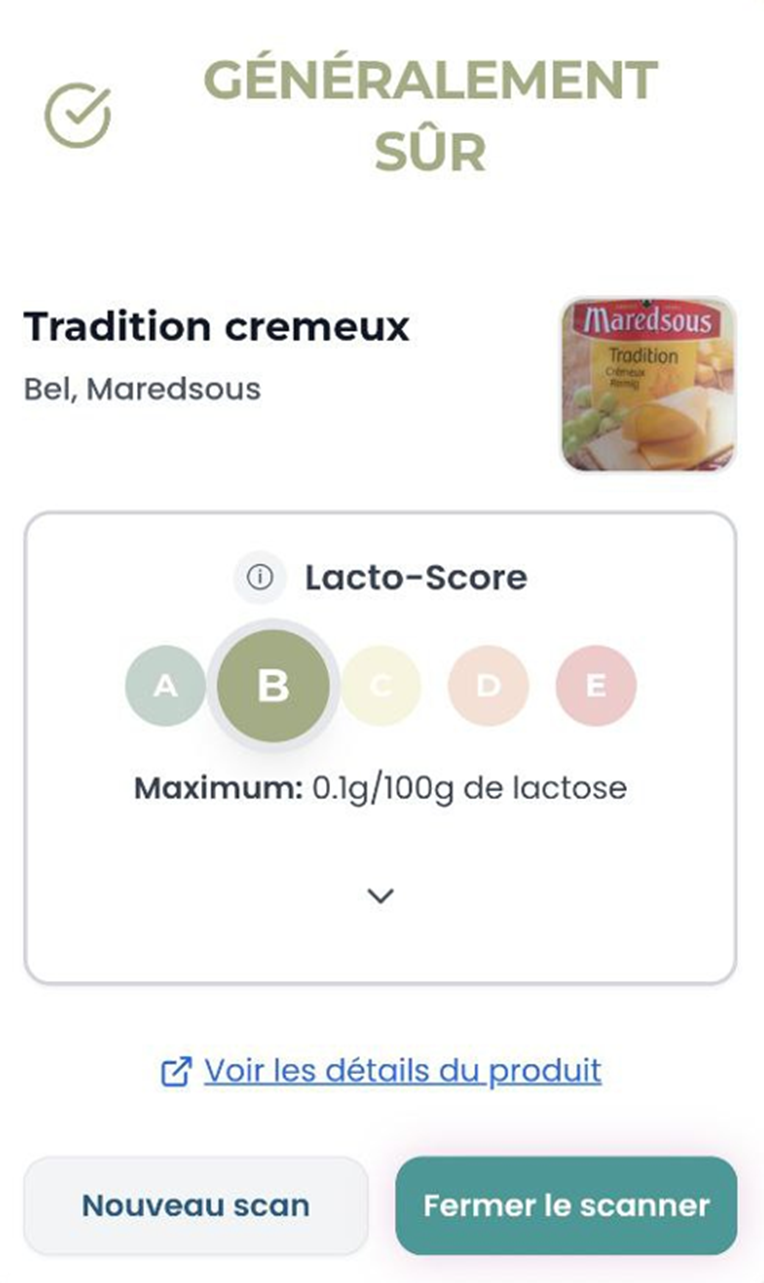 Scanner Lactose.help montrant Tradition cremeux avec notation B