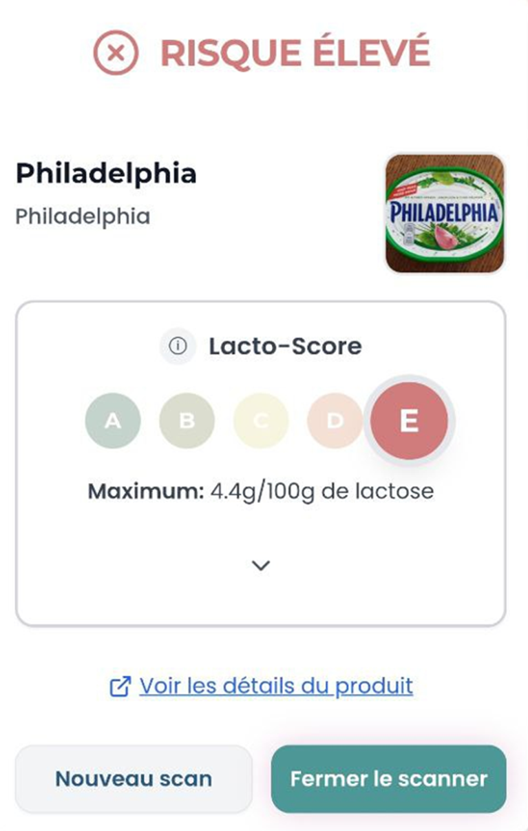 Scanner Lactose.help montrant Philadelphia avec notation E